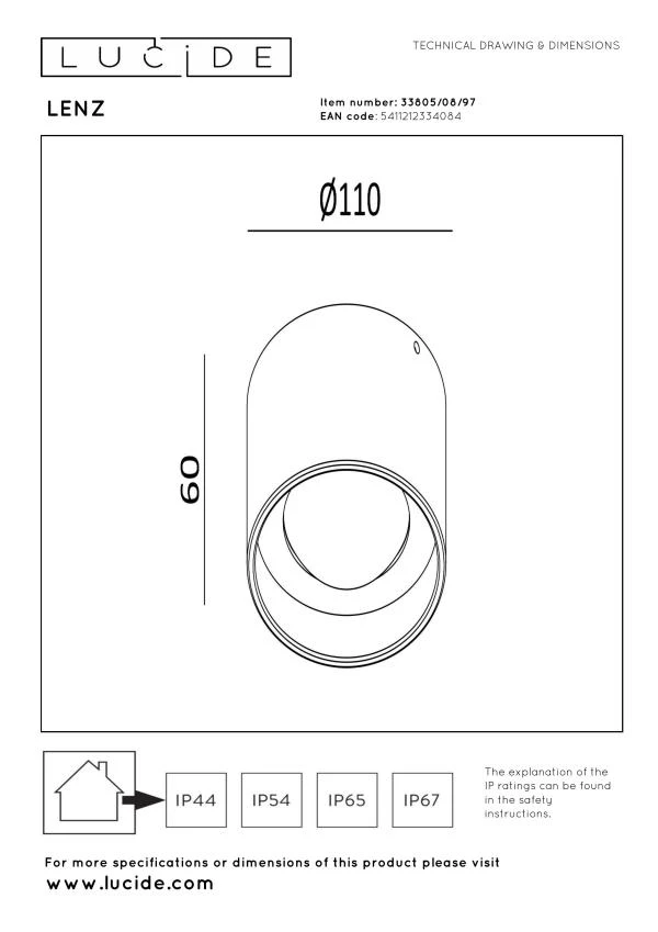Lucide LENZ - Spot plafond Intérieur/Extérieur - Ø 11 cm - LED - 1x8W 2700K - IP54 - Rouille - technique